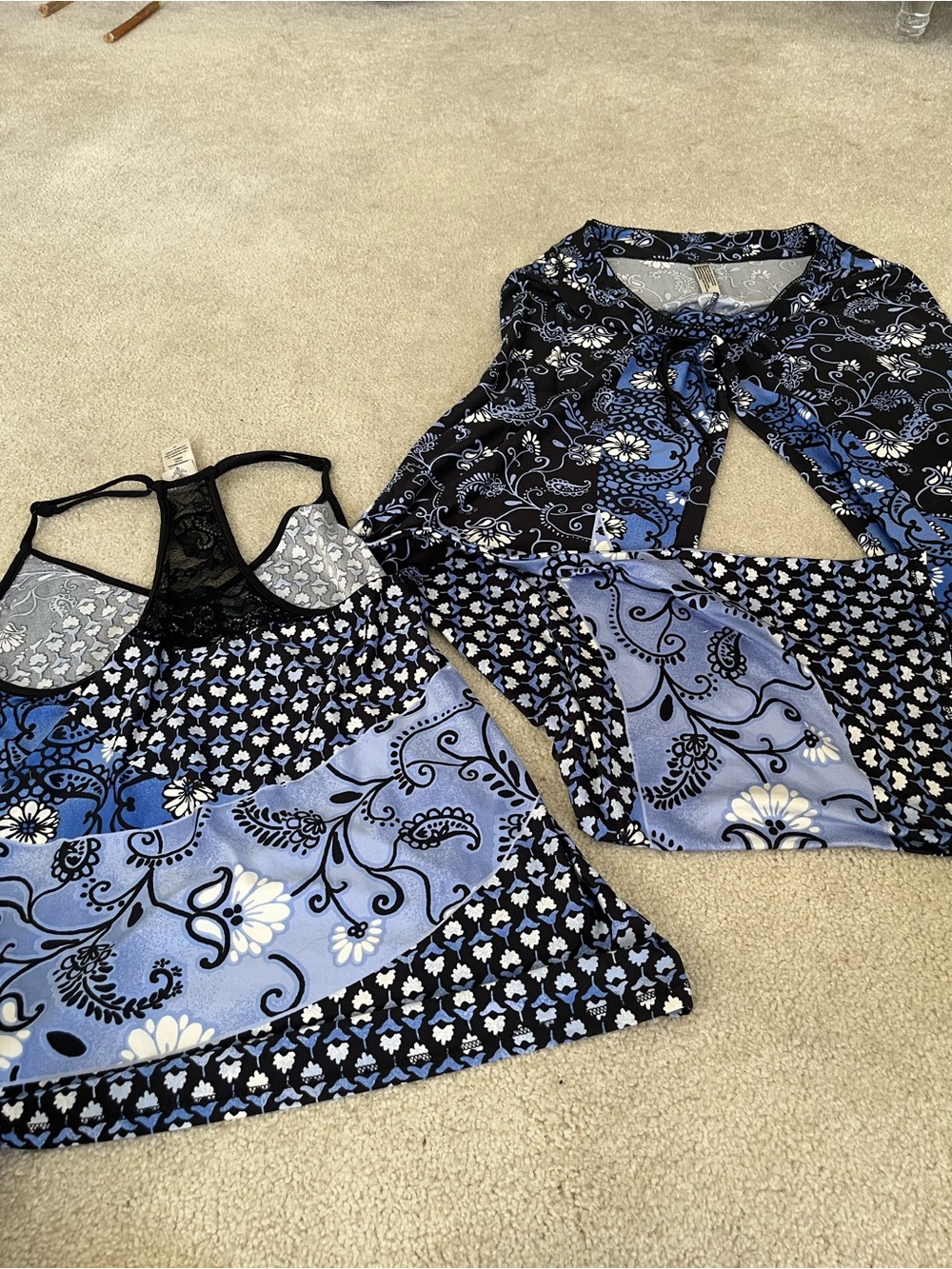 Blue & Black Floral Patchwork Tank and Flared Pants lounge Pajama Set - Picture 5 of 6